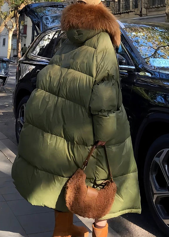 Army Green Raccoon Hair Button Collar Long Parkaer Spring