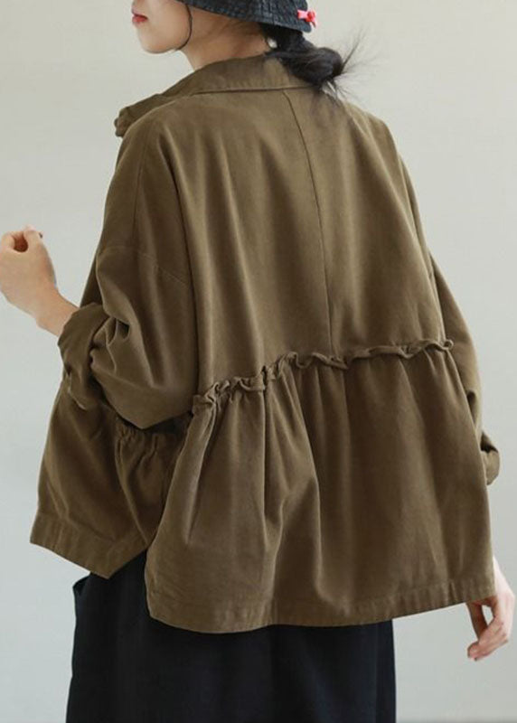 Army Green Ruffled Pockets Color Cotton Jacket Long Sleeve