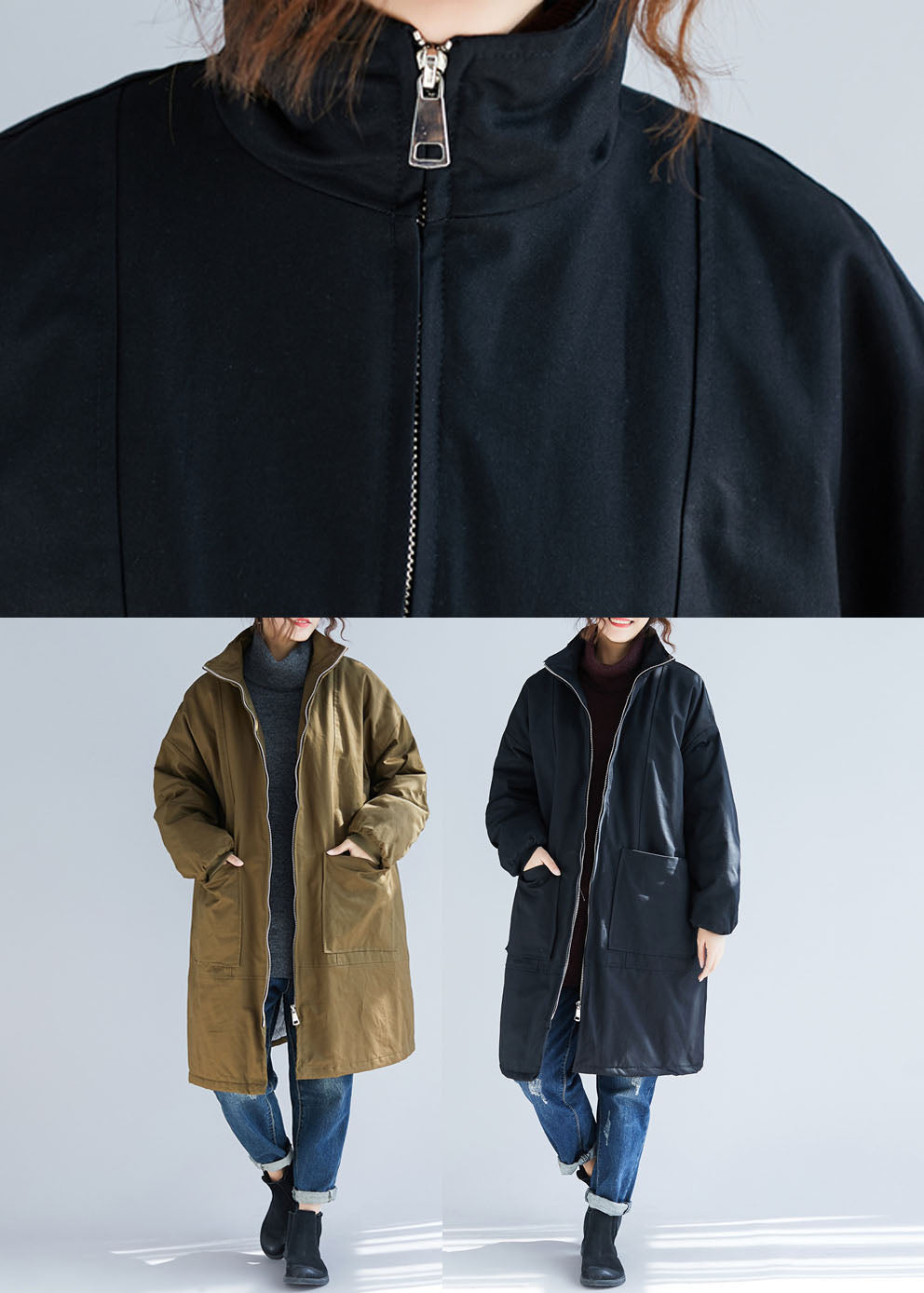 Army Green Stand Collar Pockets Parka Coats Long Sleeve