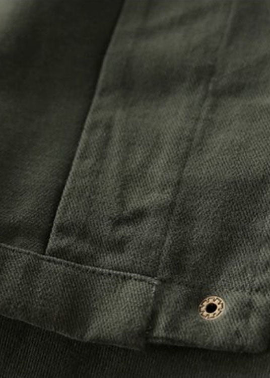 Army Green Stand Collar Zippered Pockets Fall Long Sleeve Trench Coat