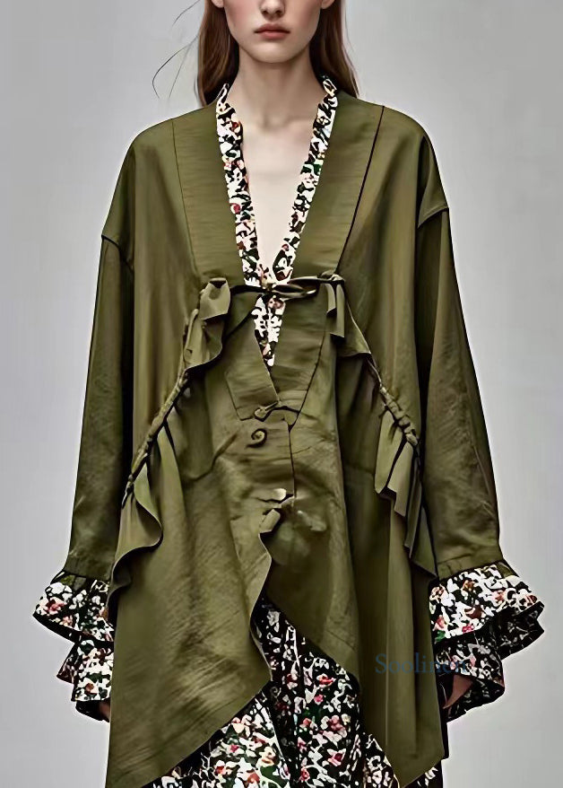 Army Green V Neck Patchwork Tie Waist Coats Fall