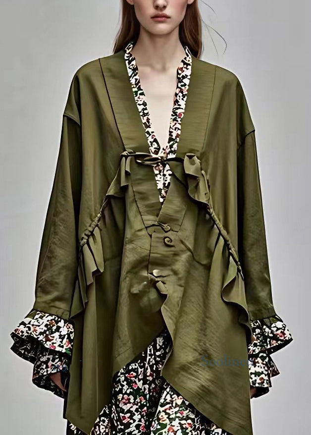 Army Green V Neck Patchwork Tie Waist Coats Fall