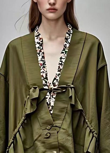 Army Green V Neck Patchwork Tie Waist Coats Fall