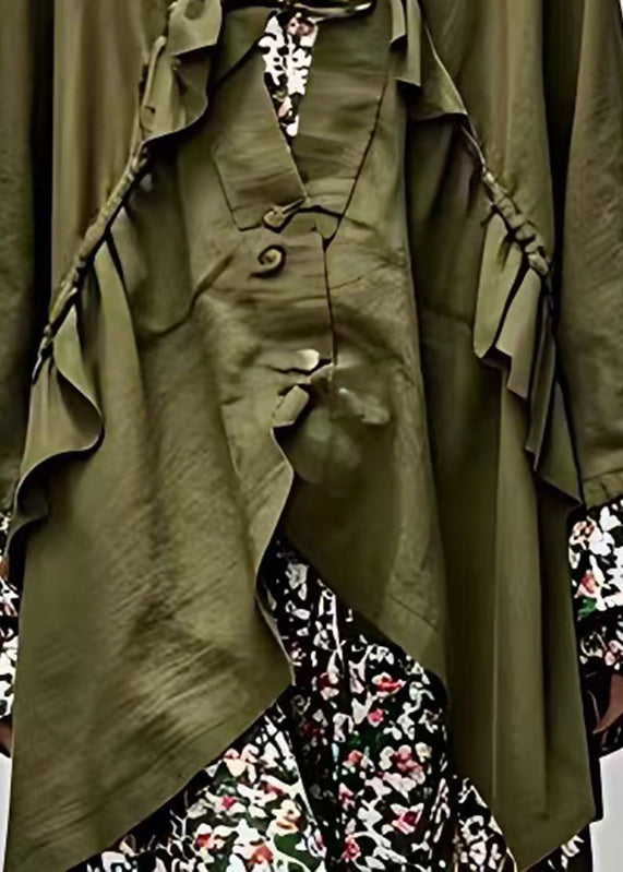 Army Green V Neck Patchwork Tie Waist Coats Fall