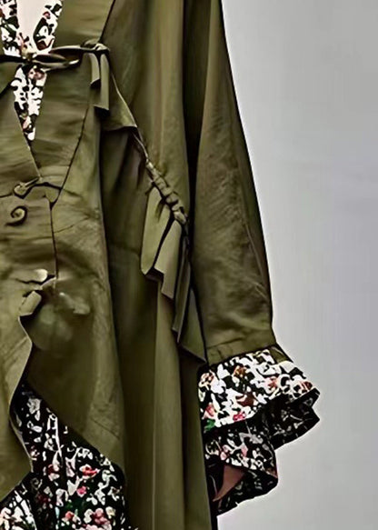 Army Green V Neck Patchwork Tie Waist Coats Fall