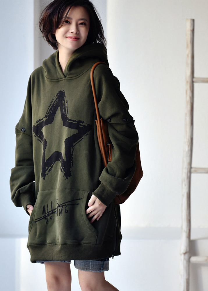Army Green Zippered Print Warm Fleece Hooded Sweatshirts Fall