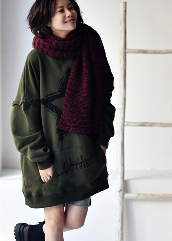 Army Green Zippered Print Warm Fleece Hooded Sweatshirts Fall