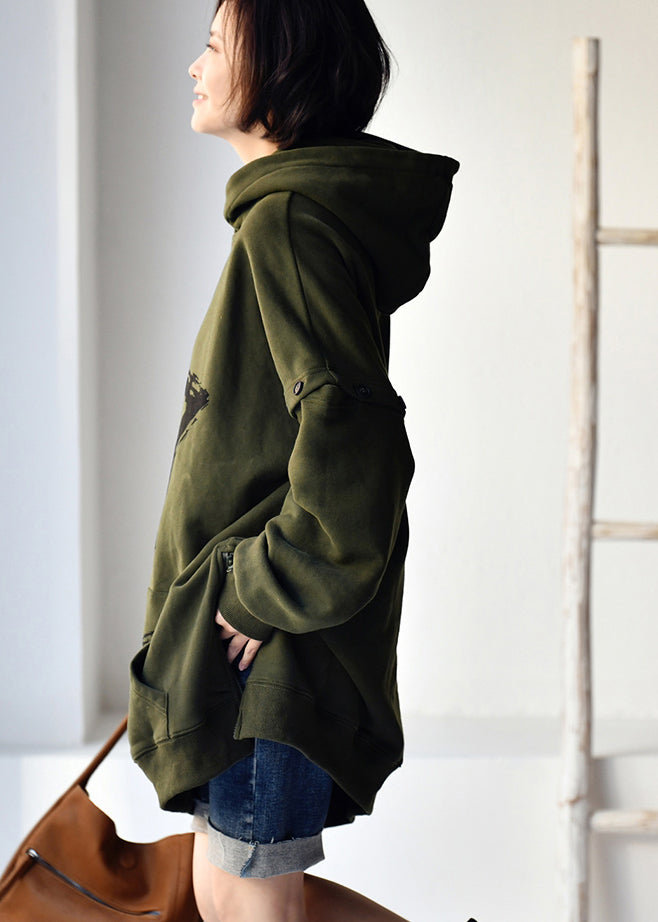 Army Green Zippered Print Warm Fleece Hooded Sweatshirts Fall