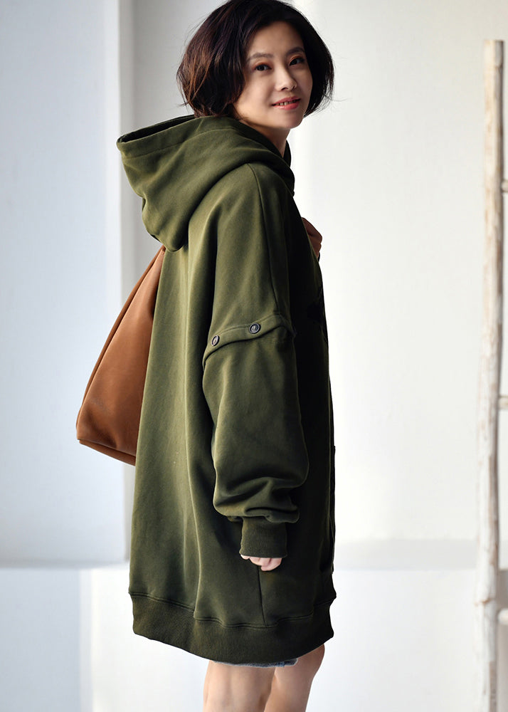 Army Green Zippered Print Warm Fleece Hooded Sweatshirts Fall