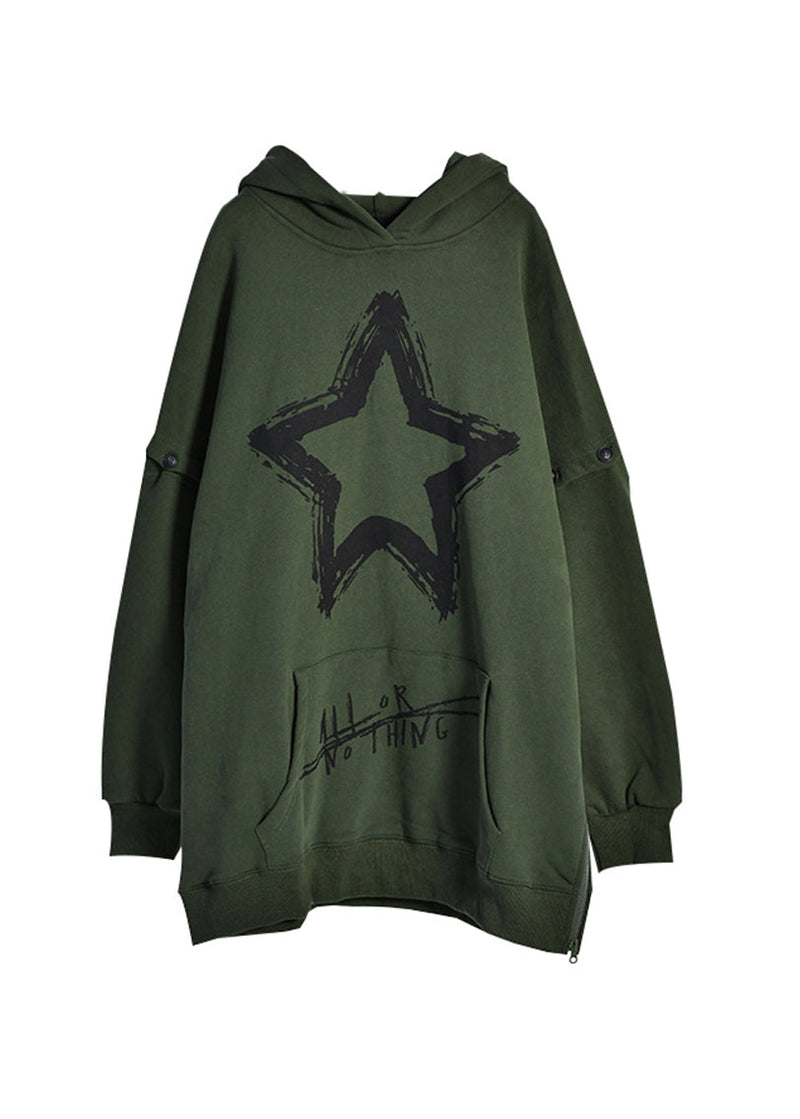 Army Green Zippered Print Warm Fleece Hooded Sweatshirts Fall