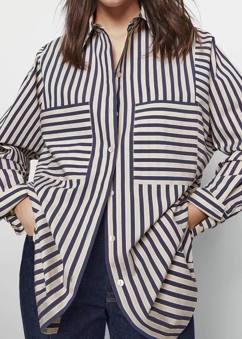 Asymmetrical Striped Patchwork Shirts Spring