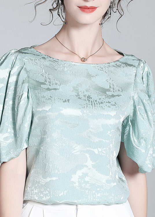 Baby Blue O-neck Jacquard Silk Top Puff Sleeve