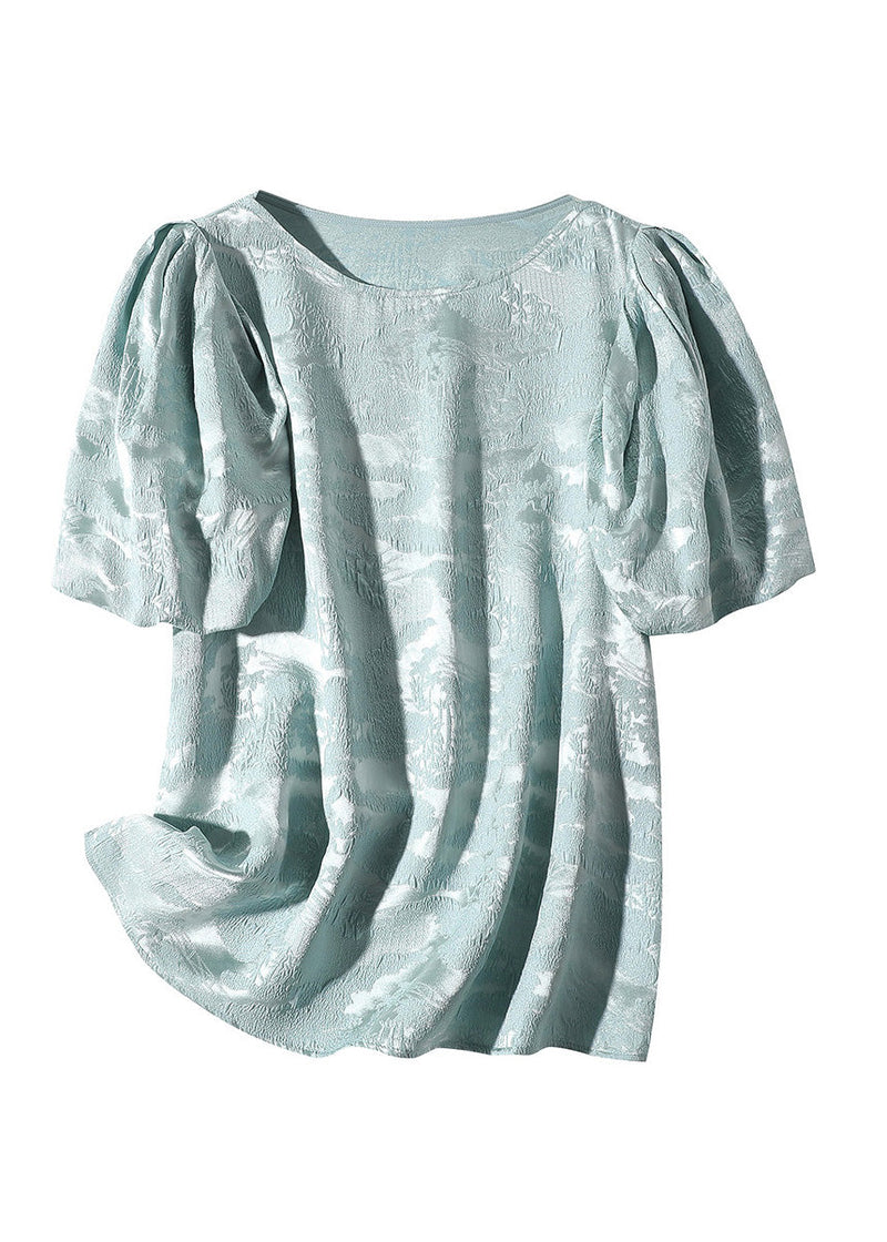 Baby Blue O-neck Jacquard Silk Top Puff Sleeve