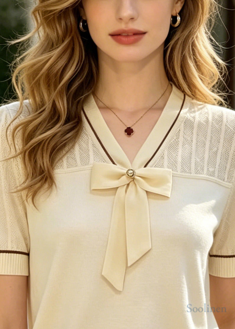 Beige Bow Patchwork Knit Shirt Summer