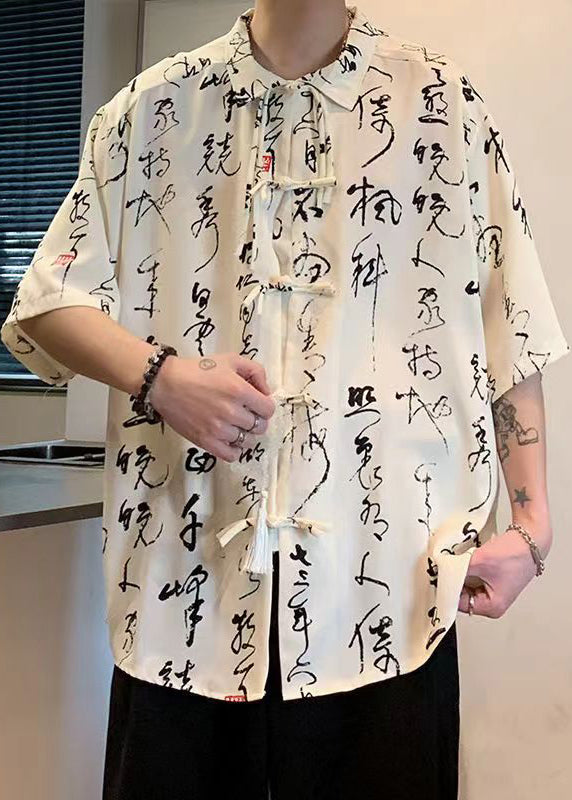 Beige Chinese Button Print Ice Silk Shirts Half Sleeve