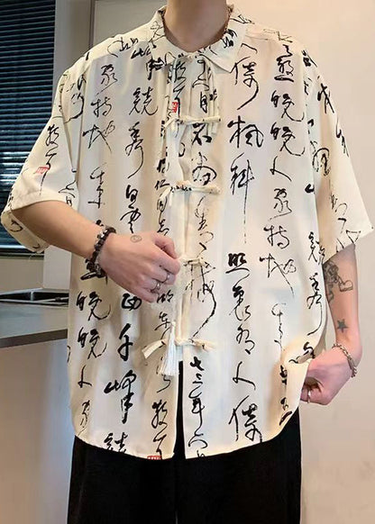 Beige Chinese Button Print Ice Silk Shirts Half Sleeve