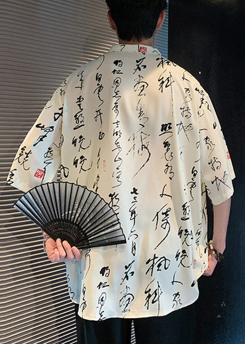 Beige Chinese Button Print Ice Silk Shirts Half Sleeve