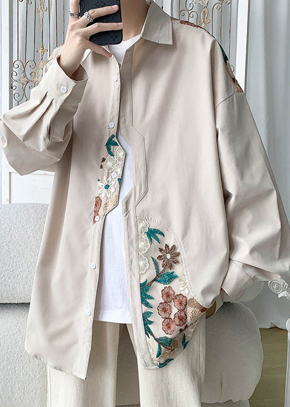 Beige Embroidered Button Cotton Neutral Coats Spring