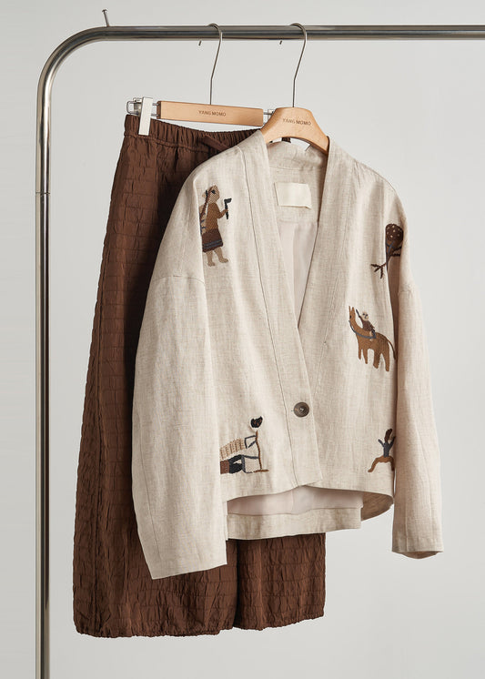 Beige Embroidered Oversized Linen Coat Spring