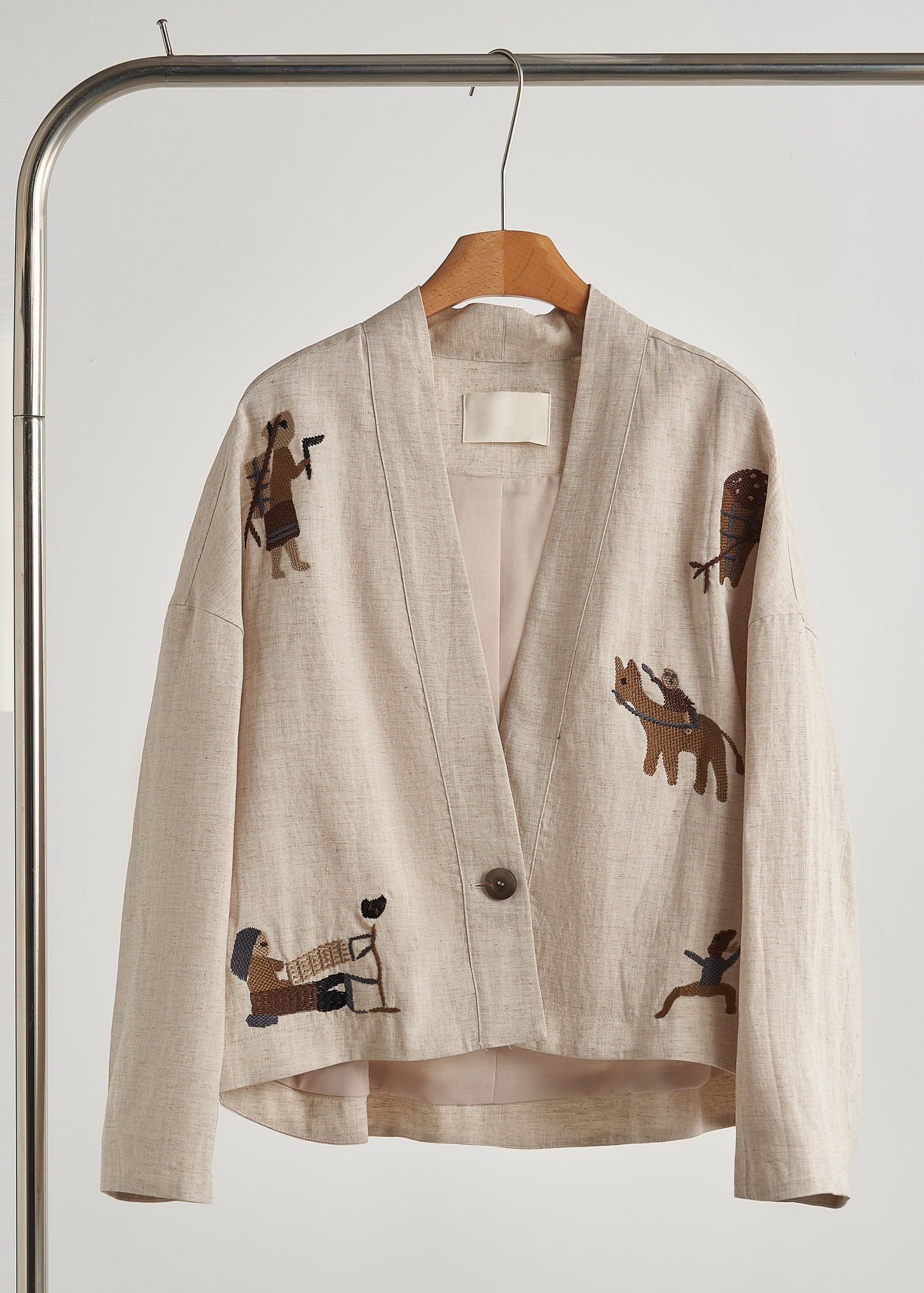 Beige Embroidered Oversized Linen Coat Spring