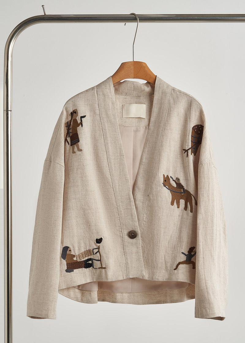 Beige Embroidered Oversized Linen Coat Spring