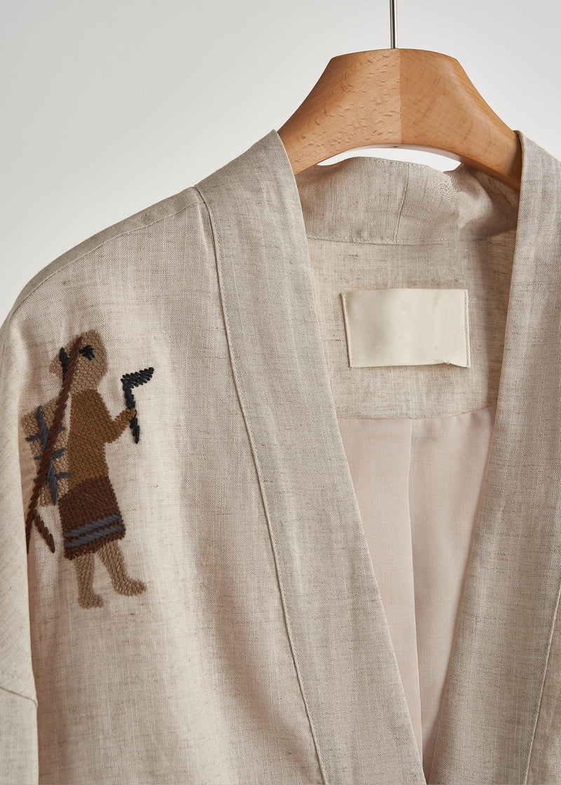 Beige Embroidered Oversized Linen Coat Spring
