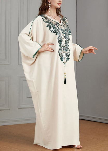 Beige Printing Tasseled Cotton Dresses Batwing Sleeve