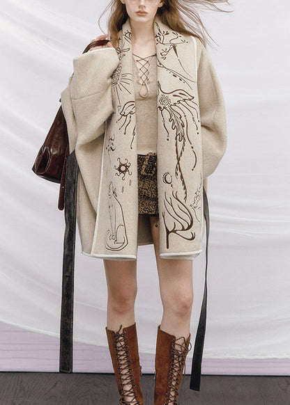 Beige Embroidered Tie Waist Woolen Coats Winter