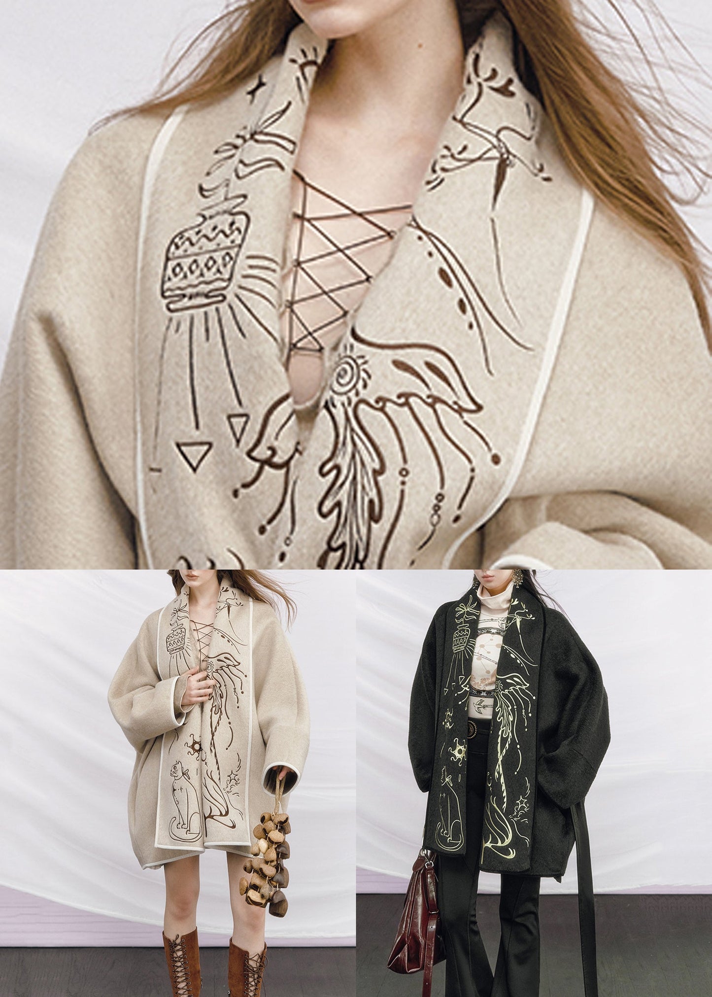 Beige Embroidered Tie Waist Woolen Coats Winter