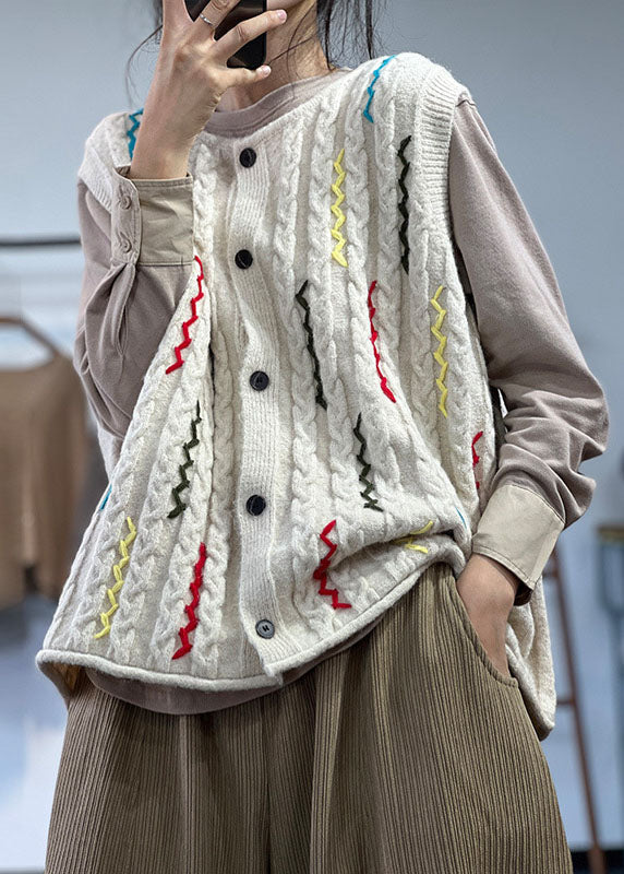 Beige Embroideried Button Thick Wool Knit Vests Winter