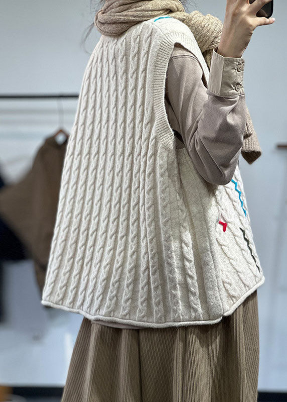 Beige Embroideried Button Thick Wool Knit Vests Winter