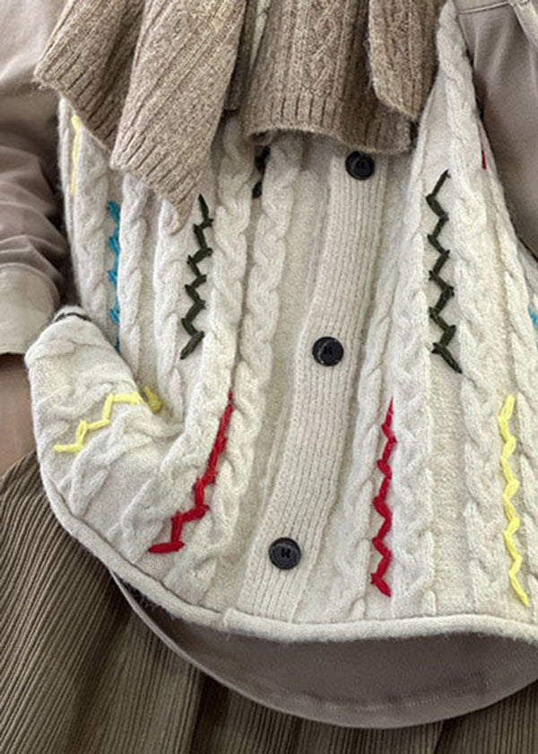 Beige Embroideried Button Thick Wool Knit Vests Winter