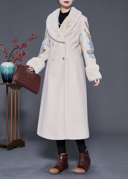 Beige Fur Collar Embroideried Double Breast Woolen Trench Winter