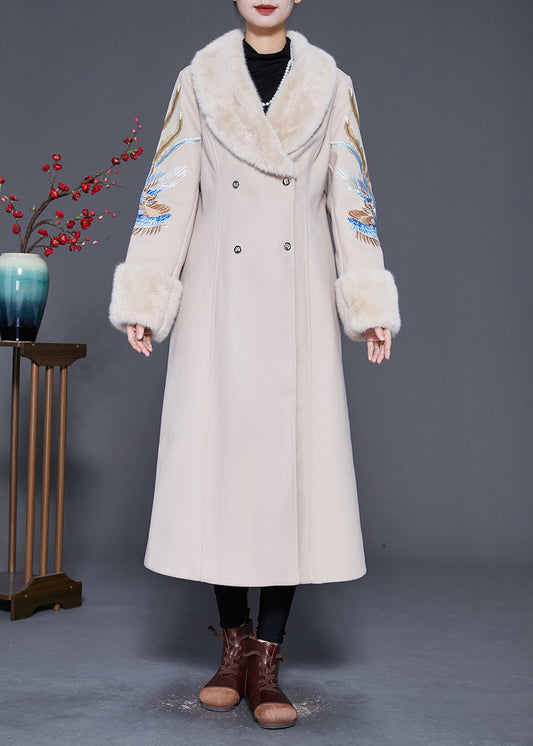 Beige Fur Collar Embroideried Double Breast Woolen Trench Winter