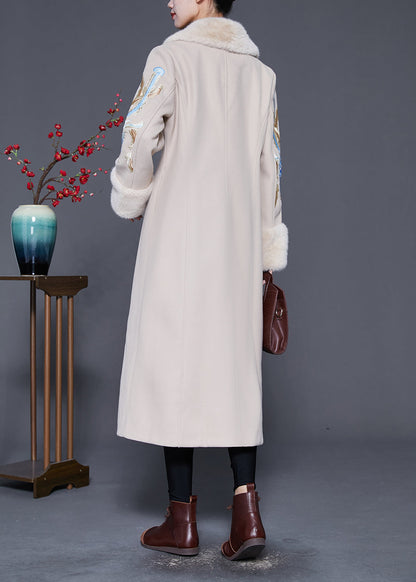Beige Fur Collar Embroideried Double Breast Woolen Trench Winter