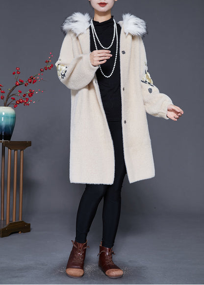 Beige Fur Collar Embroideried Faux Fur Trench Winter
