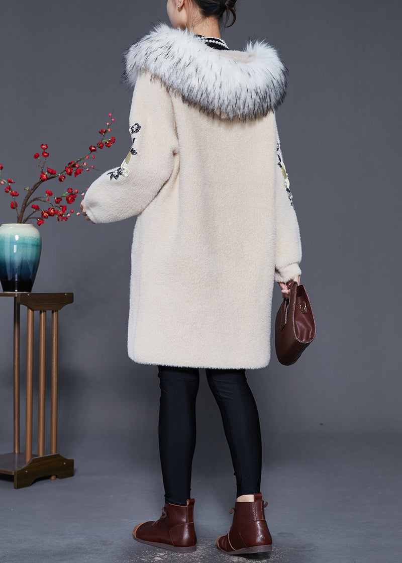 Beige Fur Collar Embroideried Faux Fur Trench Winter