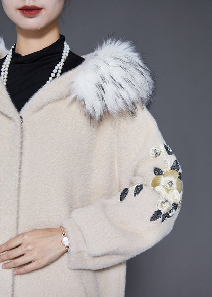 Beige Fur Collar Embroideried Faux Fur Trench Winter