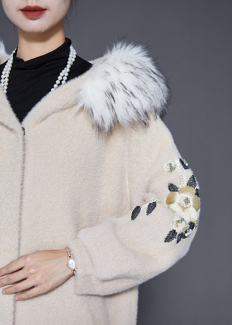 Beige Fur Collar Embroideried Faux Fur Trench Winter