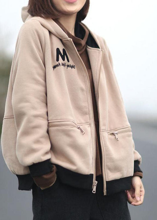 Beige Hooded Embroideried Warm Fleece Jacket Winter