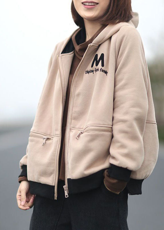 Beige Hooded Embroideried Warm Fleece Jacket Winter