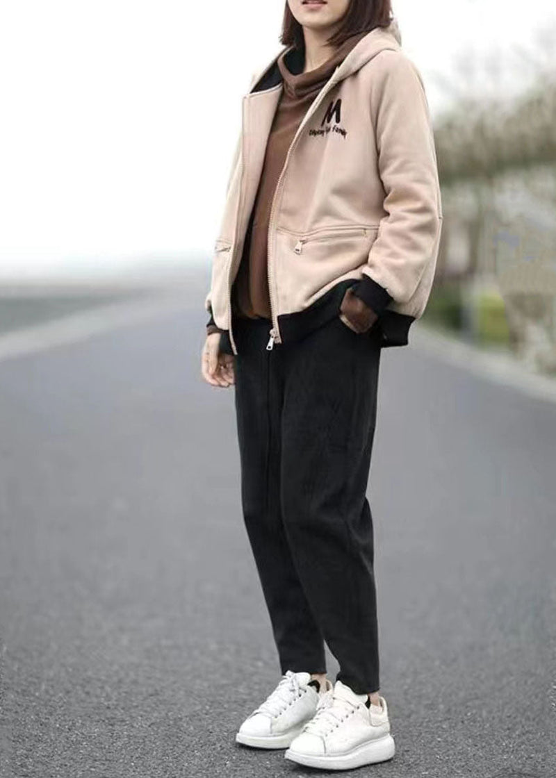 Beige Hooded Embroideried Warm Fleece Jacket Winter
