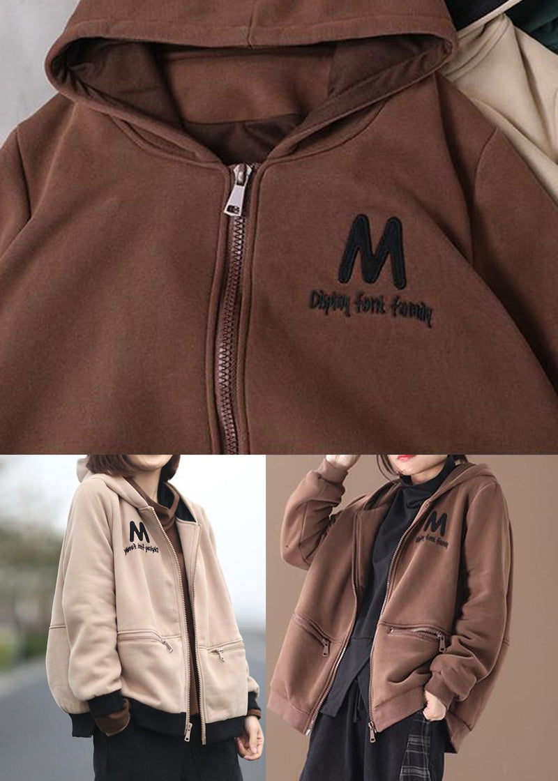 Beige Hooded Embroideried Warm Fleece Jacket Winter