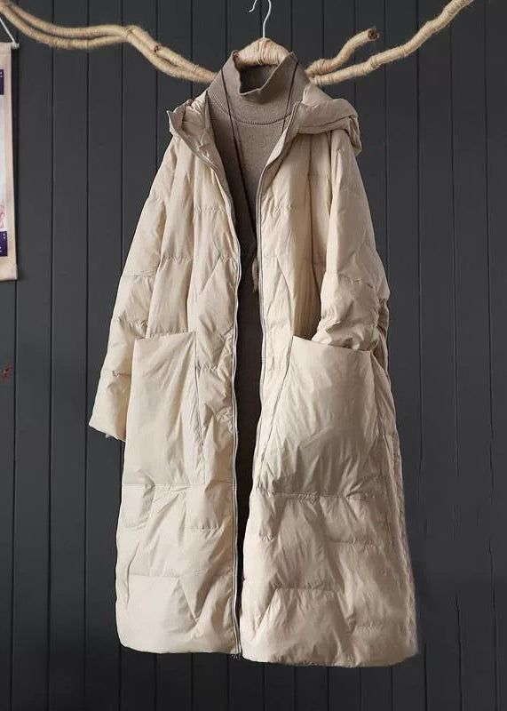 Beige Hooded Pockets Fine Cotton Filled Parkaer Winter