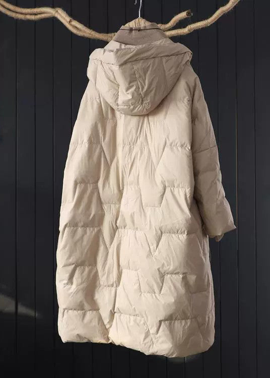 Beige Hooded Pockets Fine Cotton Filled Parkaer Winter