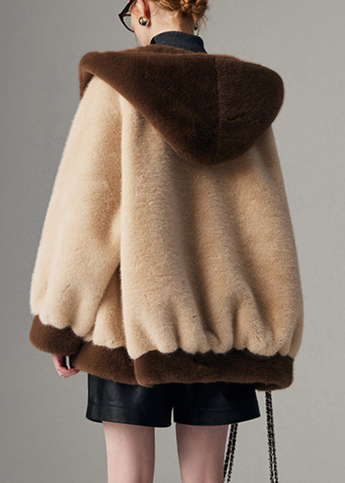Beige Hooded Pockets Patchwork Mink Hair Coats Winter