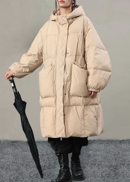 Beige Hooded Pockets Duck Down Winter Coats