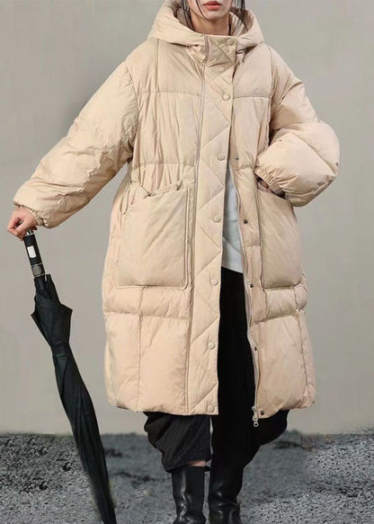 Beige Hooded Pockets Duck Down Winter Coats