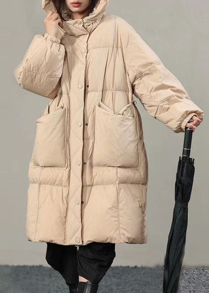 Beige Hooded Pockets Duck Down Winter Coats