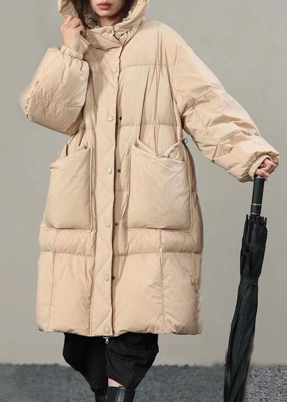 Beige Hooded Pockets Duck Down Winter Coats